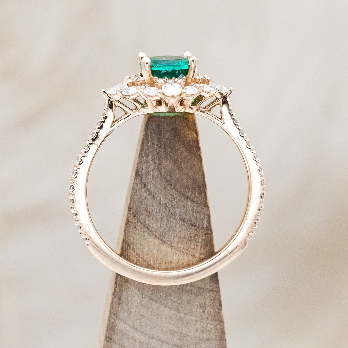 "North Star" - Oval Lab-Grown Emerald Engagement Ring With Diamond Halo & Diamond Accents