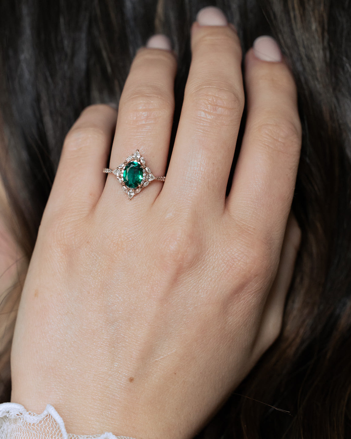 "North Star" - Oval Lab-Grown Emerald Engagement Ring With Diamond Halo & Diamond Accents
