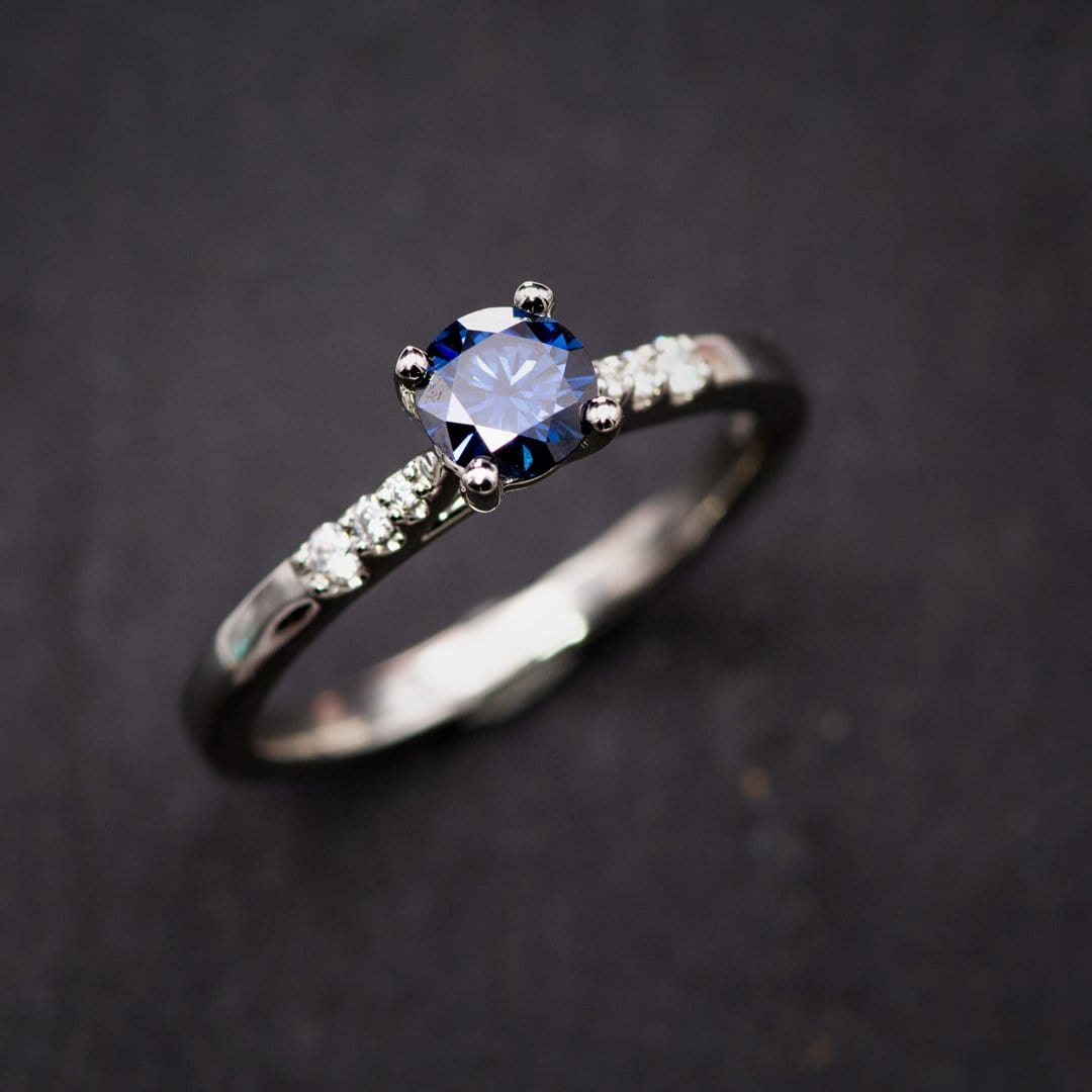 Blue Moissanite Prong Set Natalie Engagement Ring with Accented Cathedral Shank