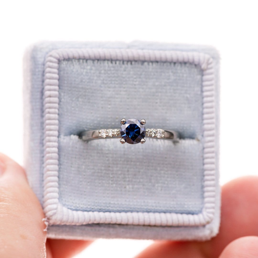 Blue Moissanite Prong Set Natalie Engagement Ring with Accented Cathedral Shank