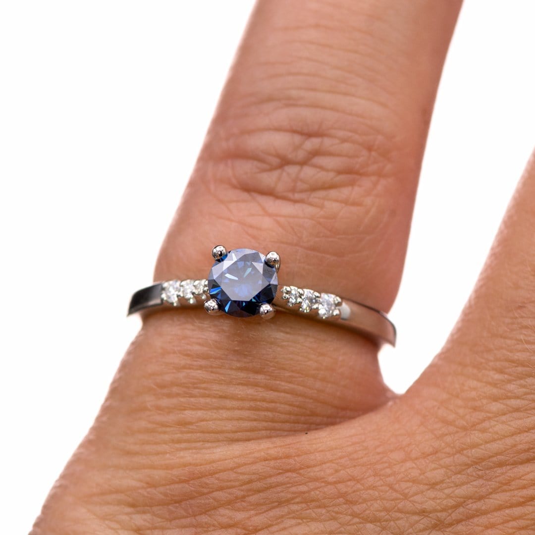 Blue Moissanite Prong Set Natalie Engagement Ring with Accented Cathedral Shank