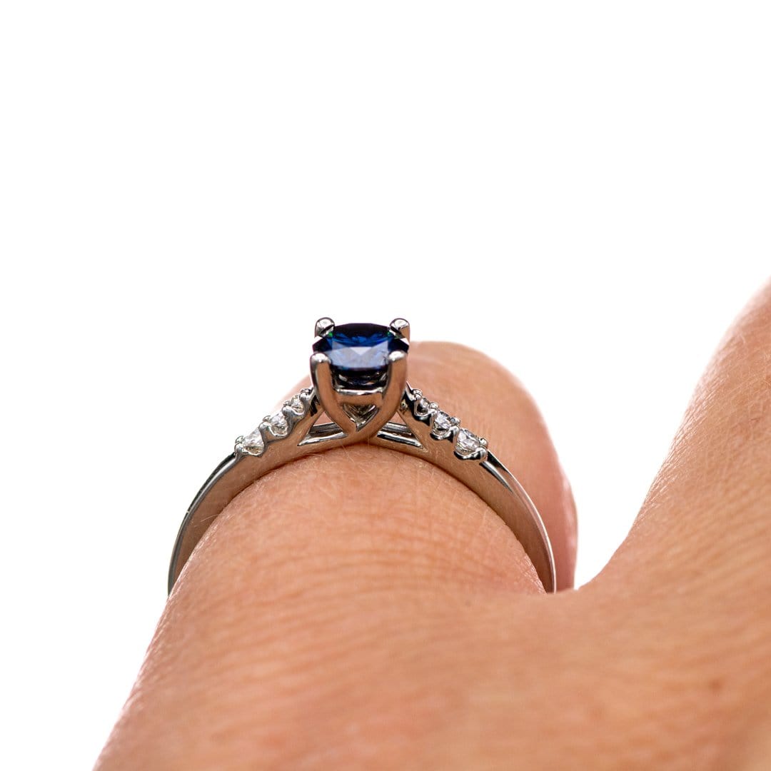 Blue Moissanite Prong Set Natalie Engagement Ring with Accented Cathedral Shank