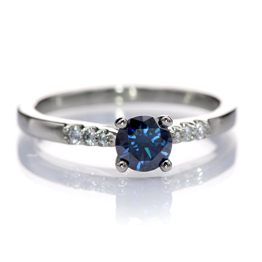 Blue Moissanite Prong Set Natalie Engagement Ring with Accented Cathedral Shank