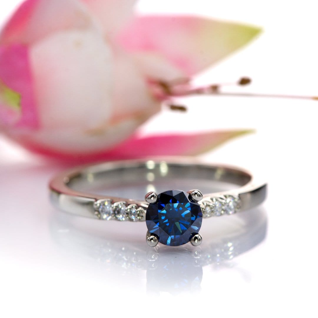 Blue Moissanite Prong Set Natalie Engagement Ring with Accented Cathedral Shank