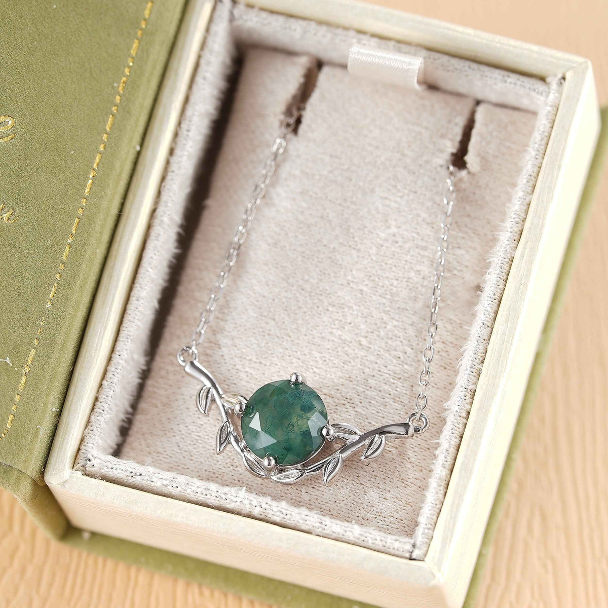 Natural Inspired Round Cut Moss Agate Olive Leafy Silver Pendant