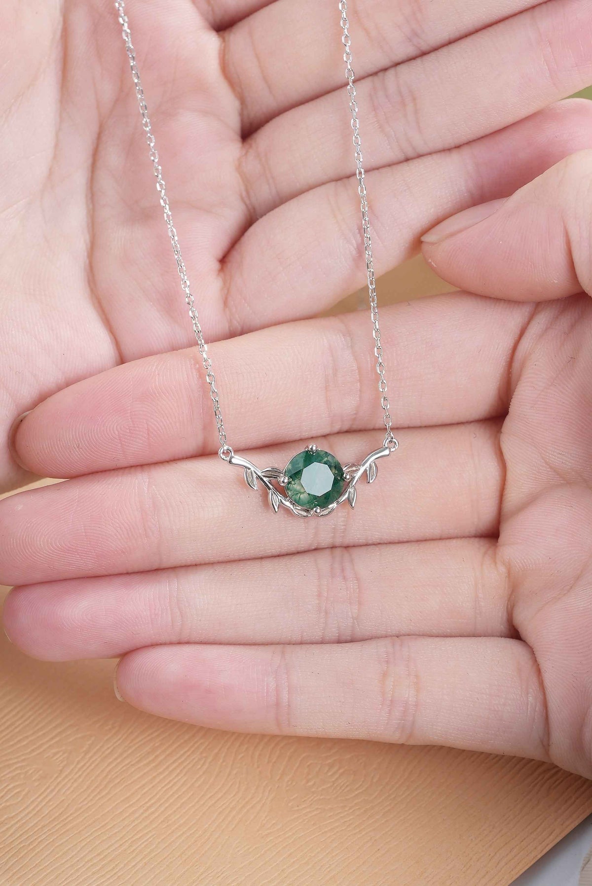 Round Cut Moss Agate Olive Leafy Silver Pendant - Ready to Ship
