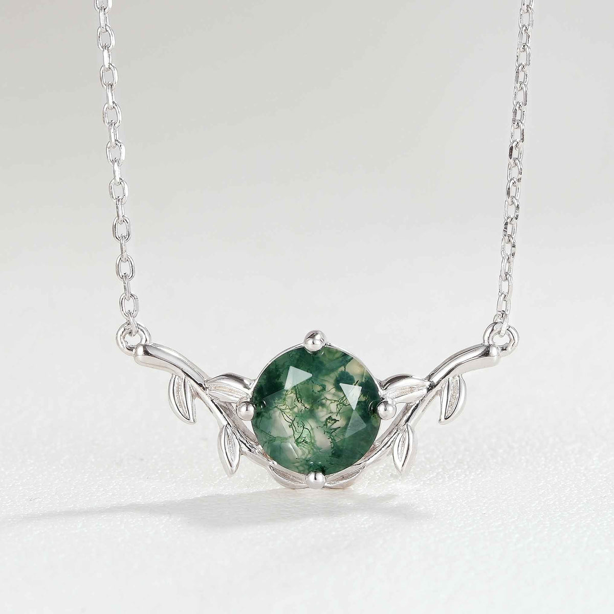 Natural Inspired Round Cut Moss Agate Olive Leafy Silver Pendant