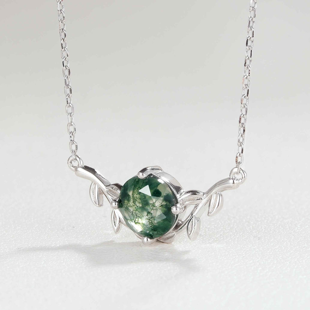 Natural Inspired Round Cut Moss Agate Olive Leafy Silver Pendant