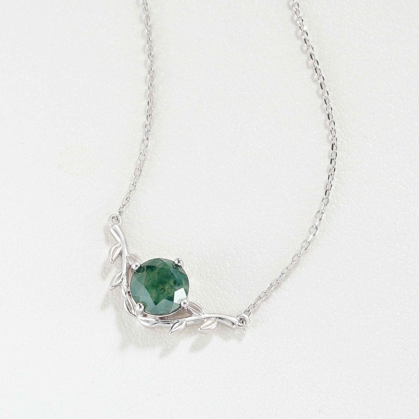 Natural Inspired Round Cut Moss Agate Olive Leafy Silver Pendant