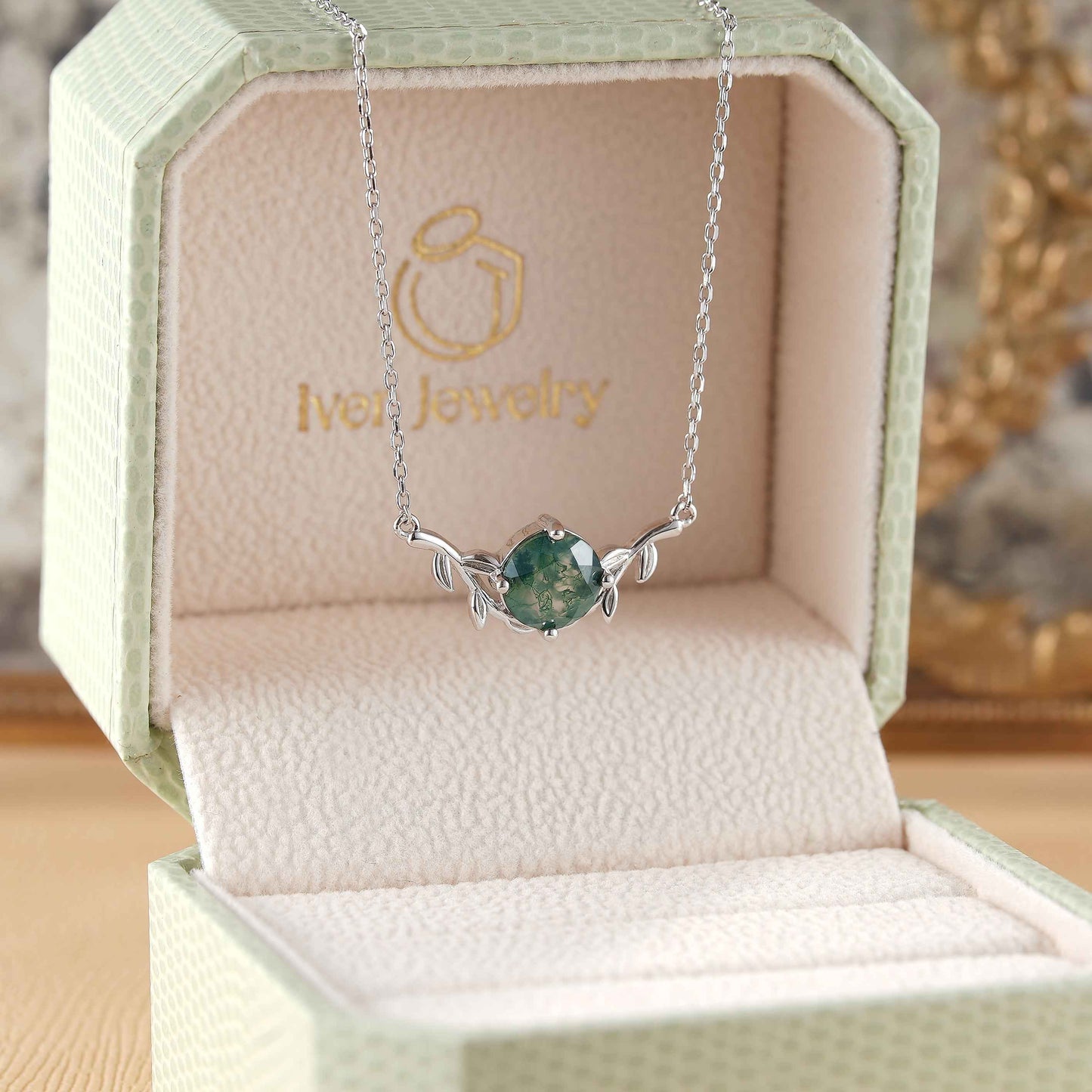 Round Cut Moss Agate Olive Leafy Silver Pendant - Ready to Ship
