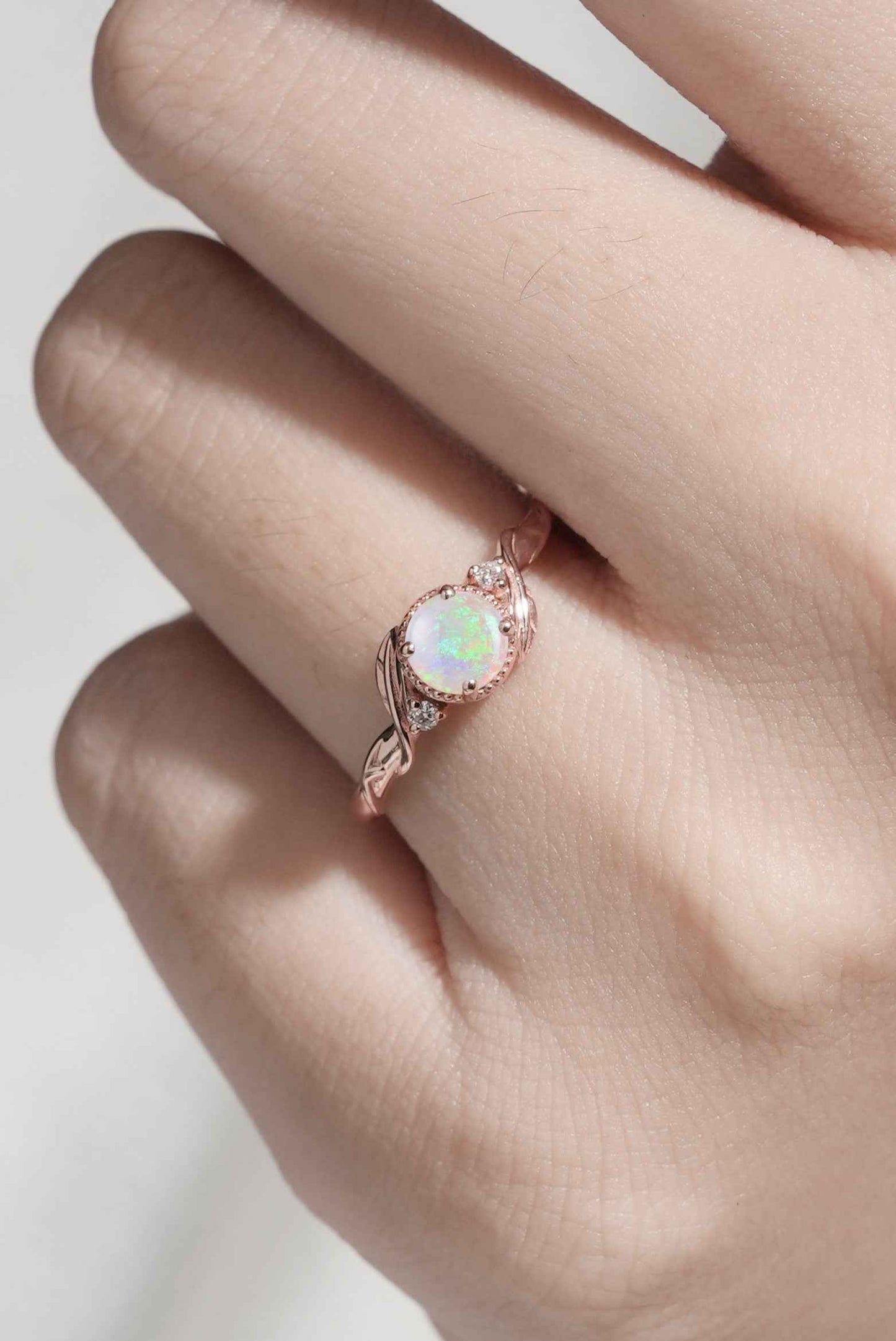 Nature Inspired Round Opal Leafy Twisted Gemstone Ring