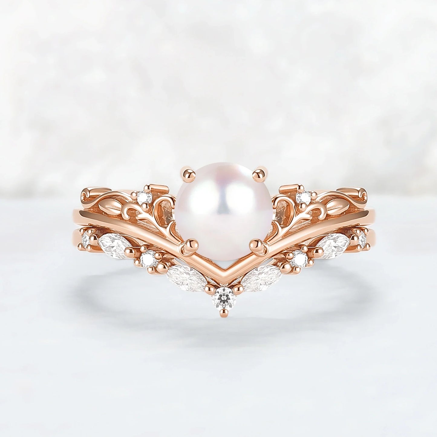 Nature Inspired Akoya Pearl Engagement Ring Set 2pcs