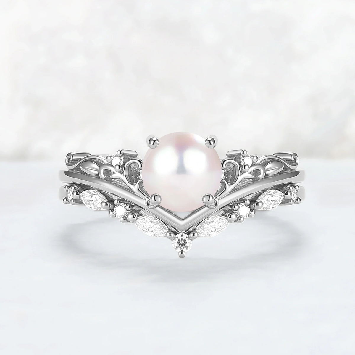 Nature Inspired Akoya Pearl Engagement Ring Set 2pcs