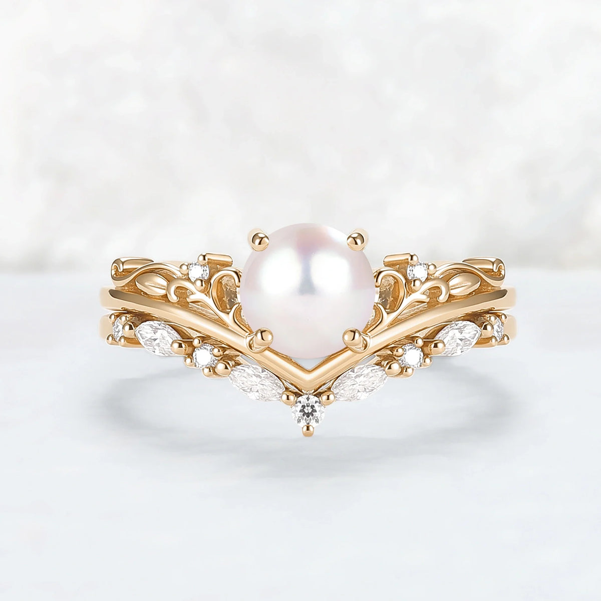 Nature Inspired Akoya Pearl Engagement Ring Set 2pcs