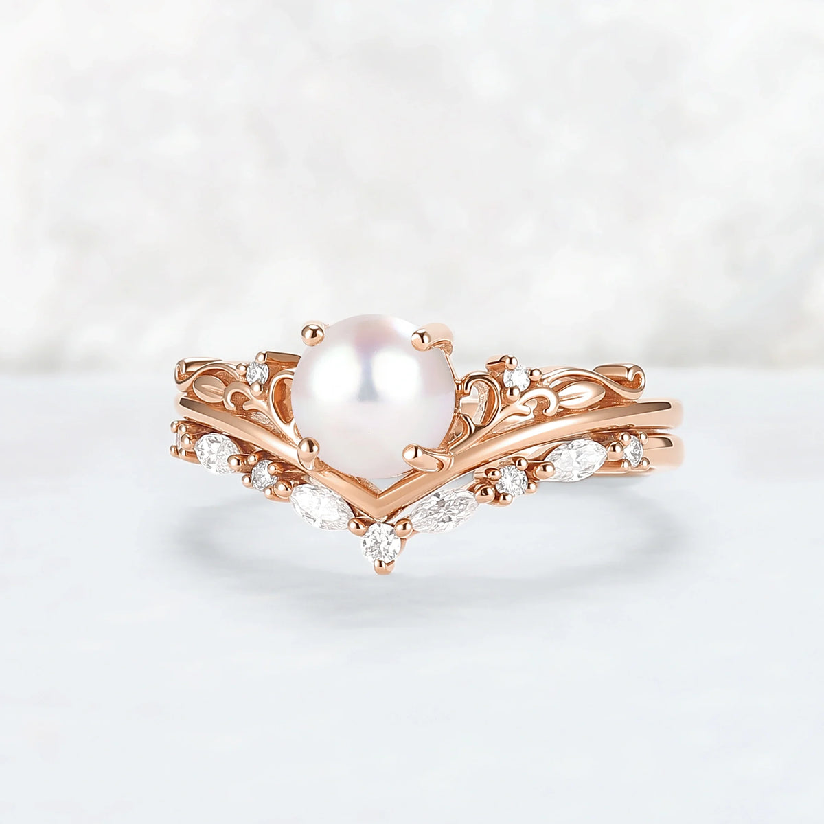 Nature Inspired Akoya Pearl Engagement Ring Set 2pcs