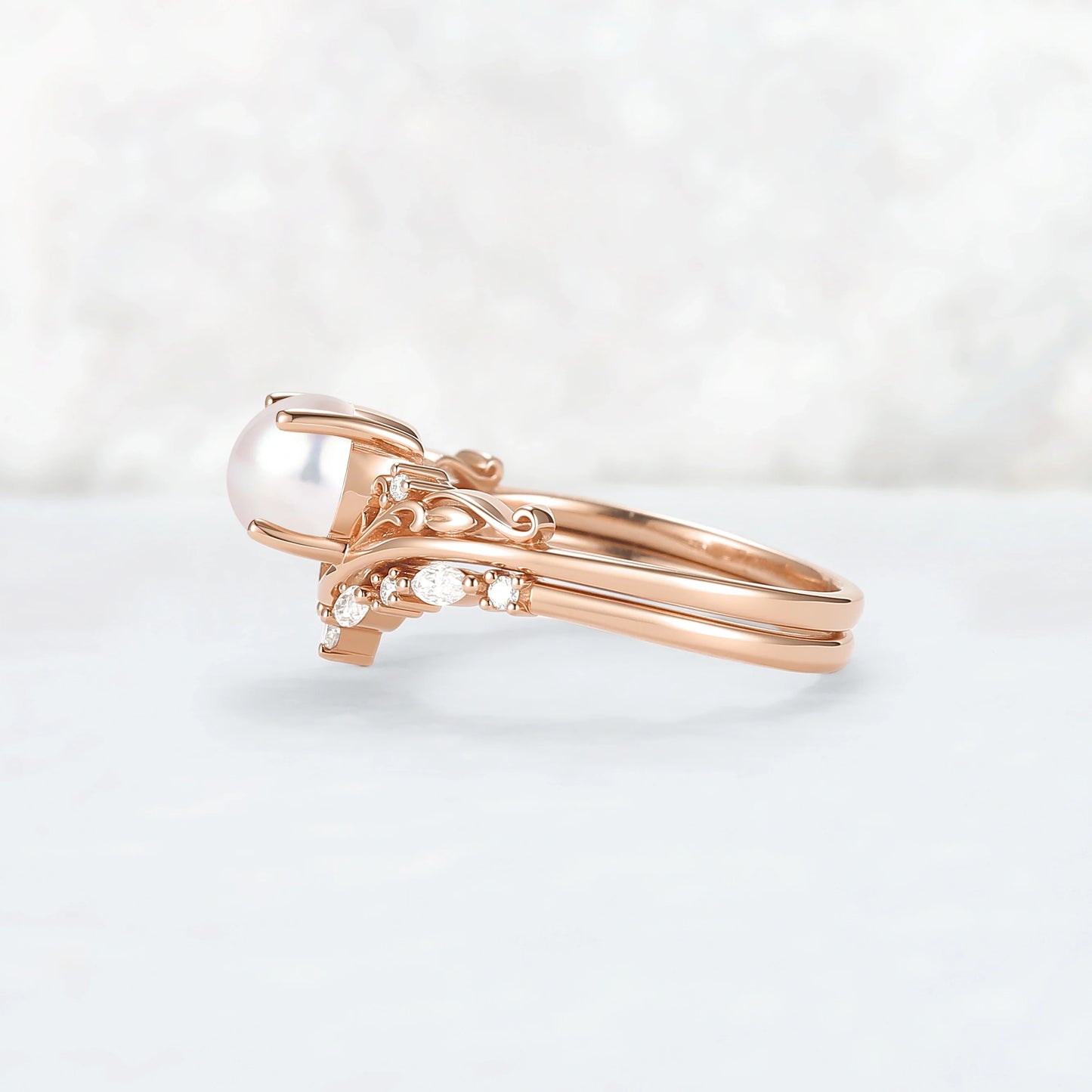 Nature Inspired Akoya Pearl Engagement Ring Set 2pcs