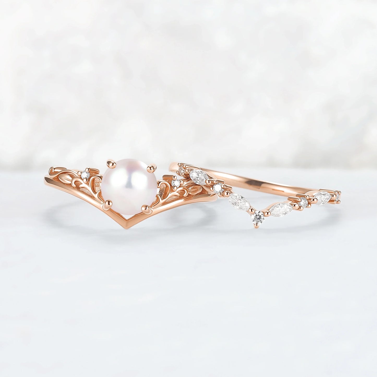 Nature Inspired Akoya Pearl Engagement Ring Set 2pcs