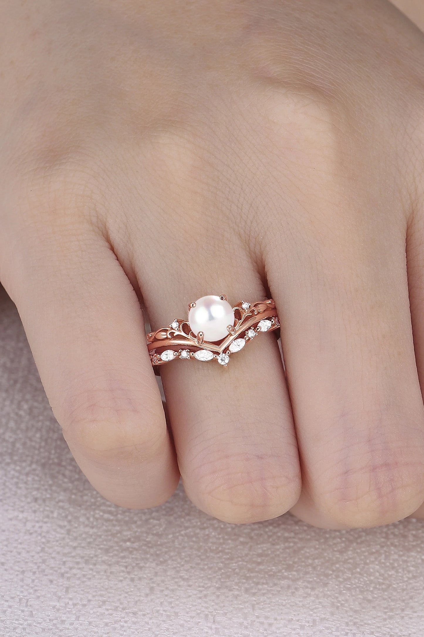 Nature Inspired Akoya Pearl Engagement Ring Set 2pcs