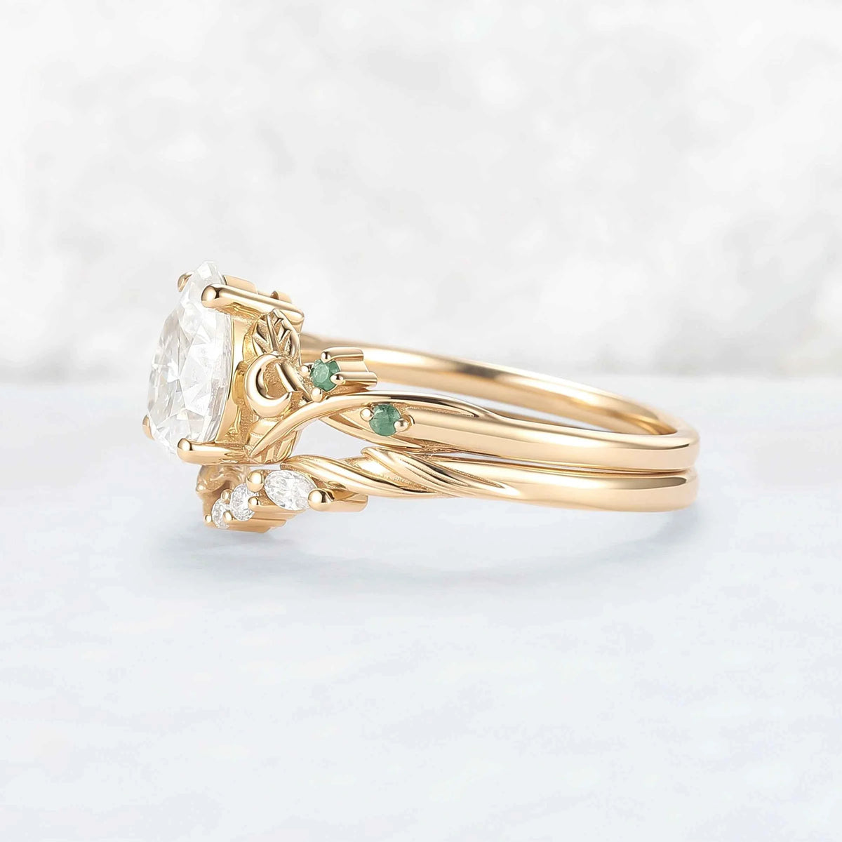 Nature-Inspired Moon & Bud Design Moissanite with Moss agate Engagement Ring Set - 2pcs