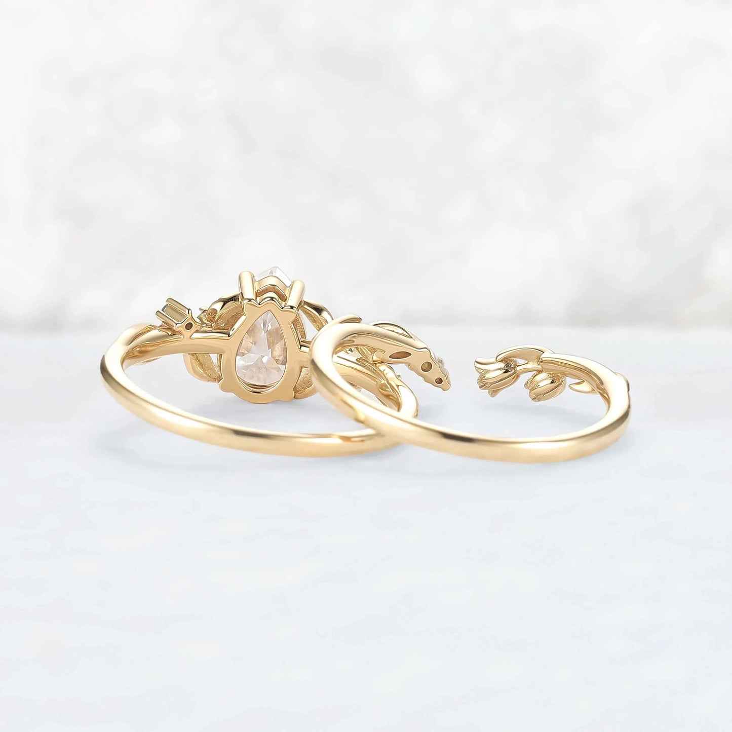 Nature-Inspired Moon & Bud Design Moissanite with Moss agate Engagement Ring Set - 2pcs
