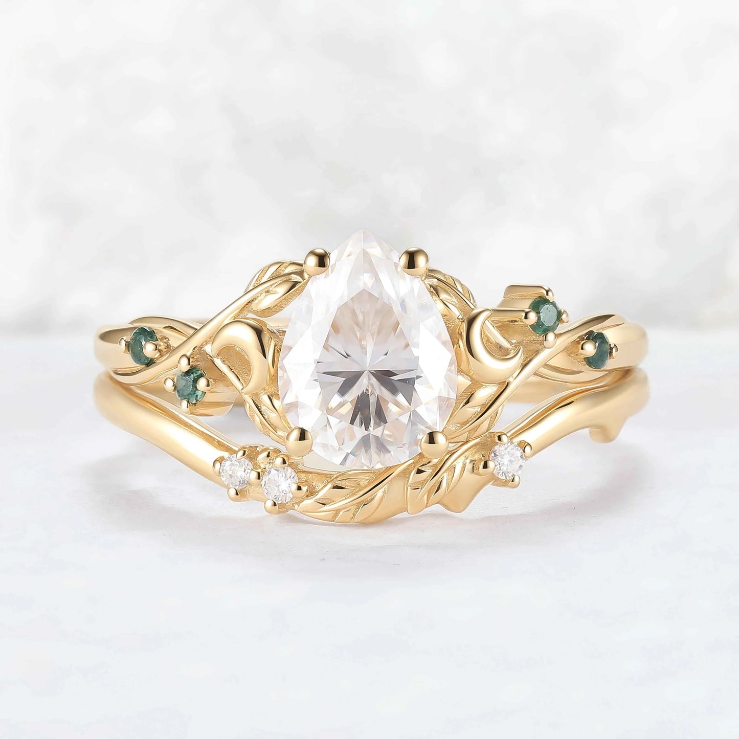 Nature-Inspired Moon & Leaf Design Moissanite with Moss agate Engagement Ring Set - 2pcs