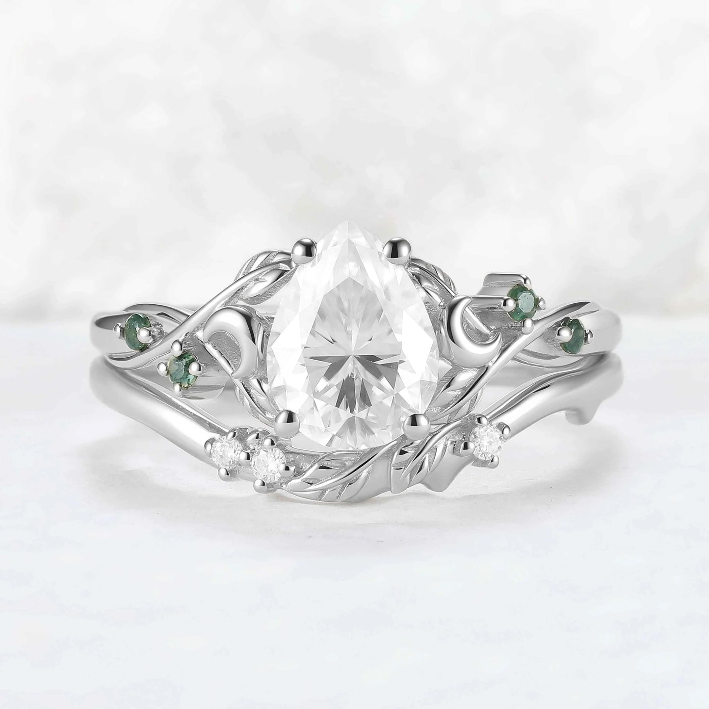 Nature-Inspired Moon & Leaf Design Moissanite with Moss agate Engagement Ring Set - 2pcs