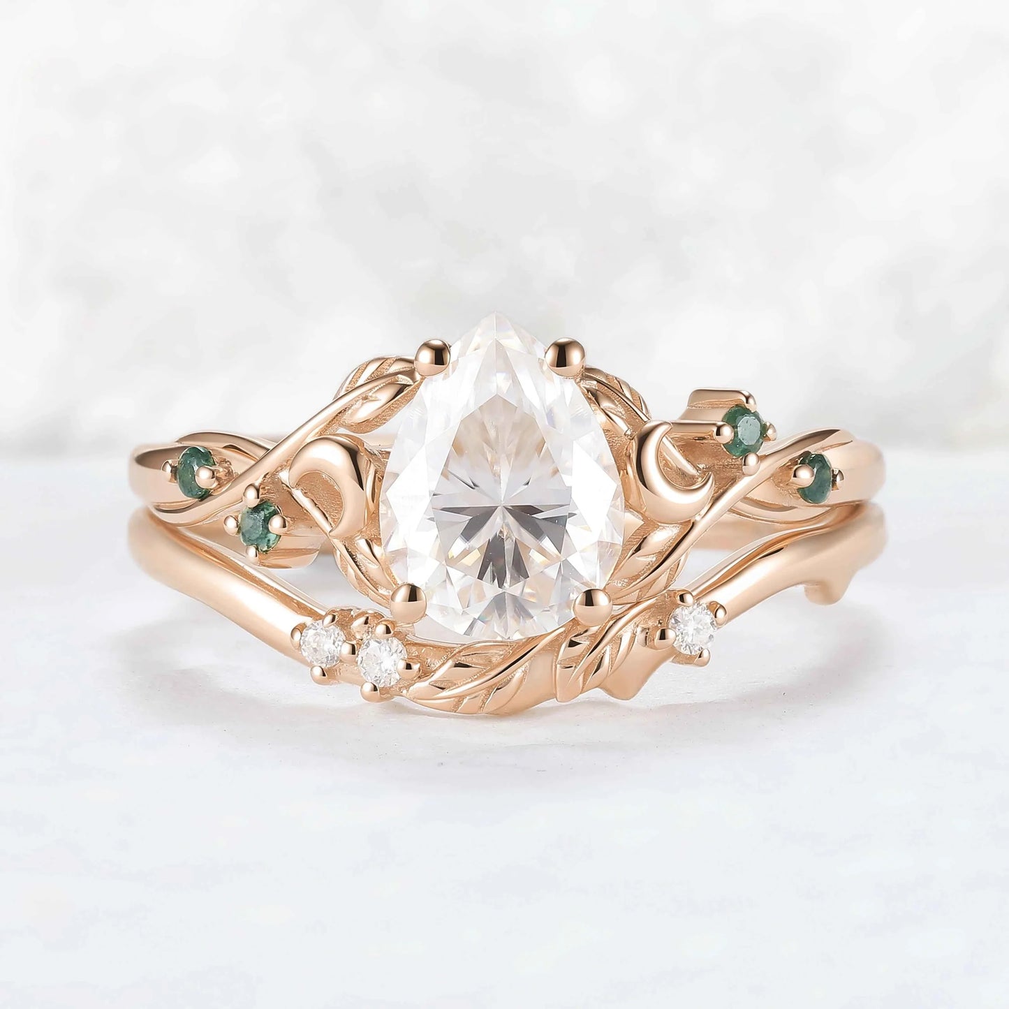 Nature-Inspired Moon & Leaf Design Moissanite with Moss agate Engagement Ring Set - 2pcs