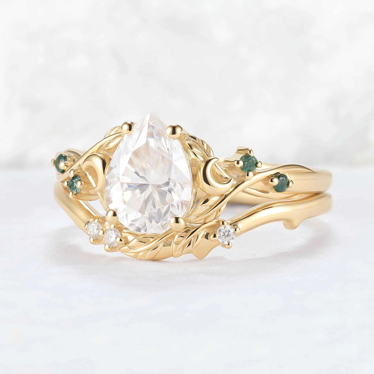 Nature-Inspired Moon & Leaf Design Moissanite with Moss agate Engagement Ring Set - 2pcs