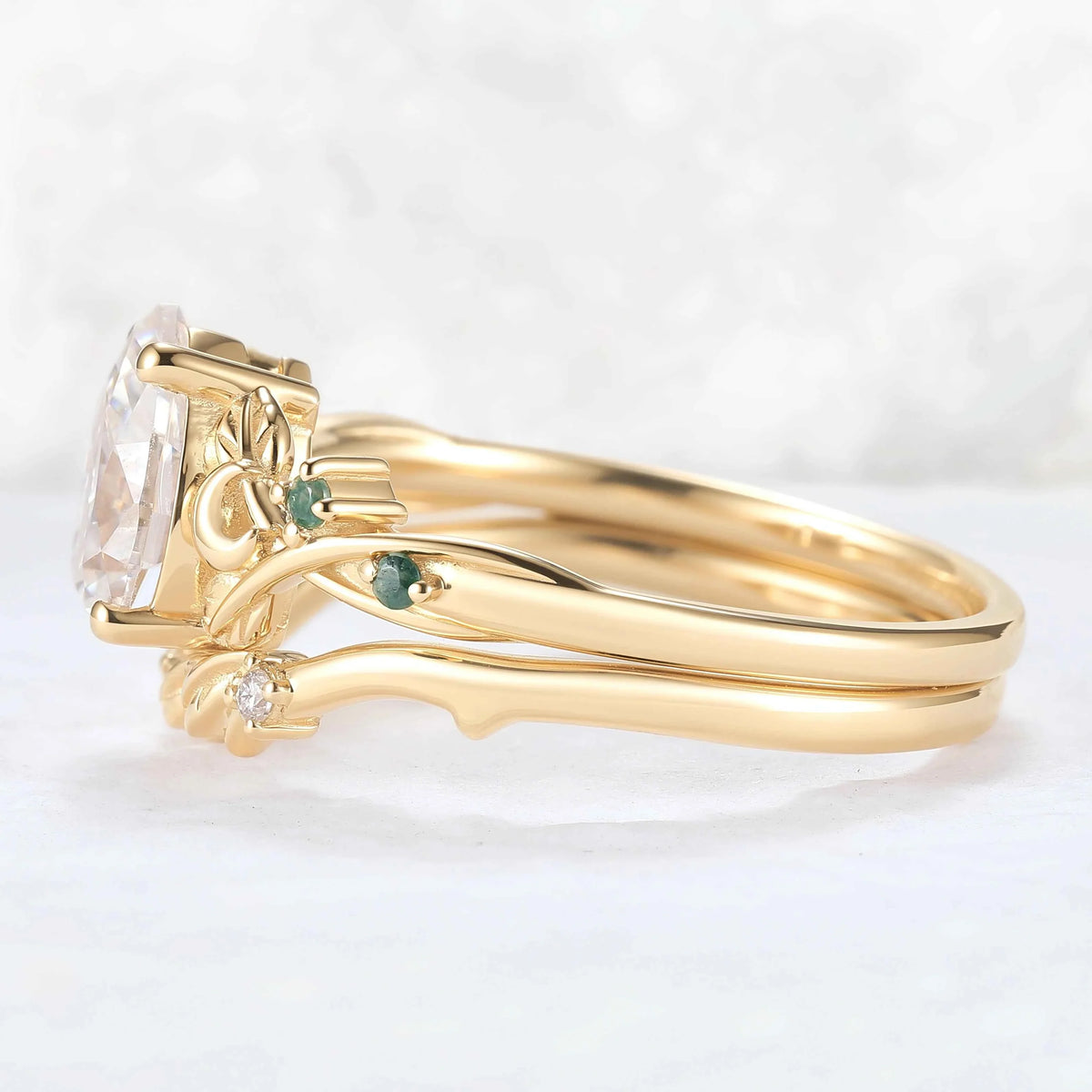 Nature-Inspired Moon & Leaf Design Moissanite with Moss agate Engagement Ring Set - 2pcs
