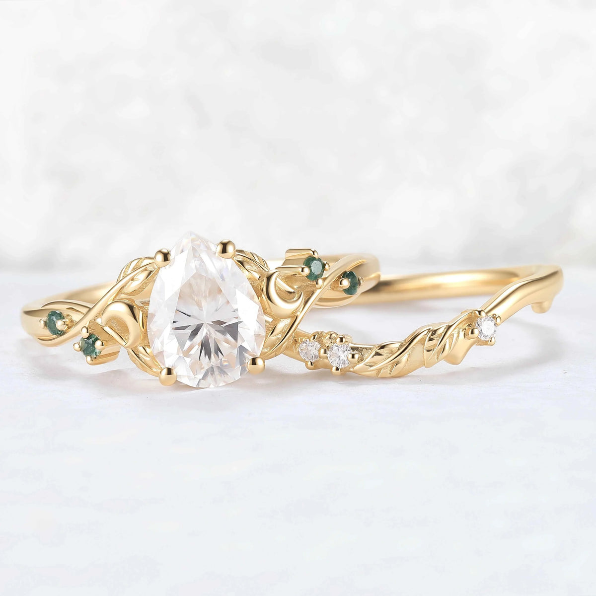 Nature-Inspired Moon & Leaf Design Moissanite with Moss agate Engagement Ring Set - 2pcs