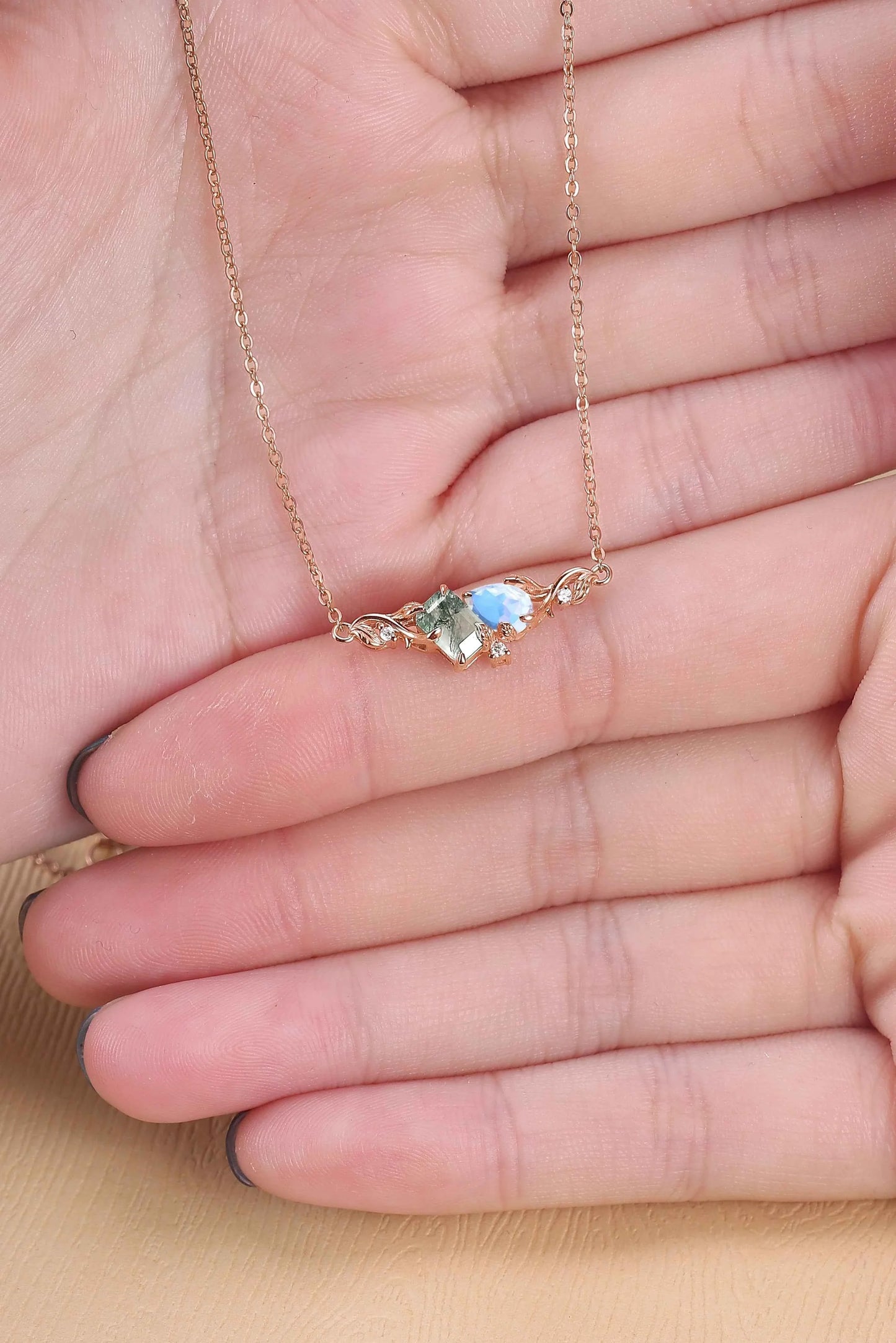 Nature-Inspired Emerald Cut Moss Agate & Pear Cut Moonstone Two-Stone Necklace
