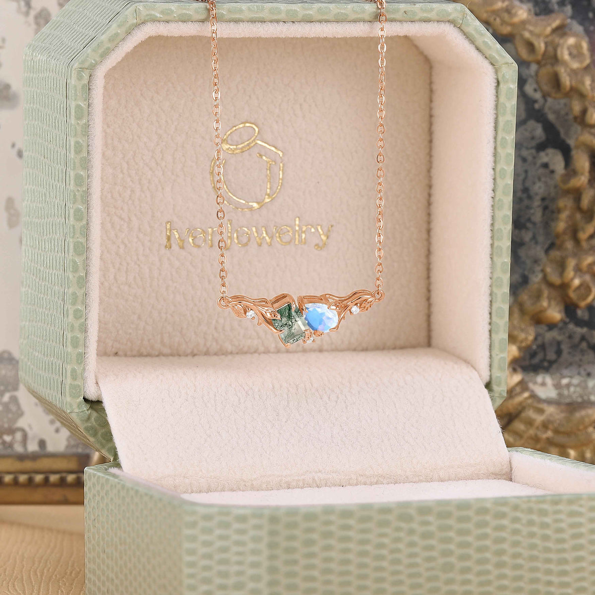 Nature-Inspired Emerald Cut Moss Agate & Pear Cut Moonstone Two-Stone Necklace