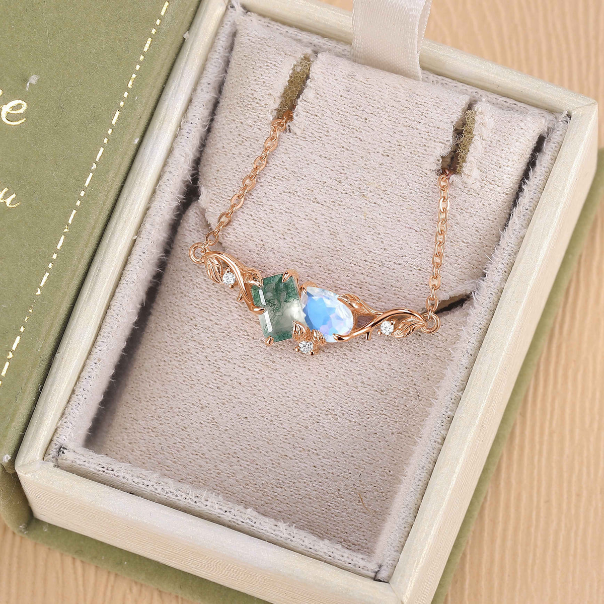 Nature-Inspired Emerald Cut Moss Agate & Pear Cut Moonstone Two-Stone Necklace