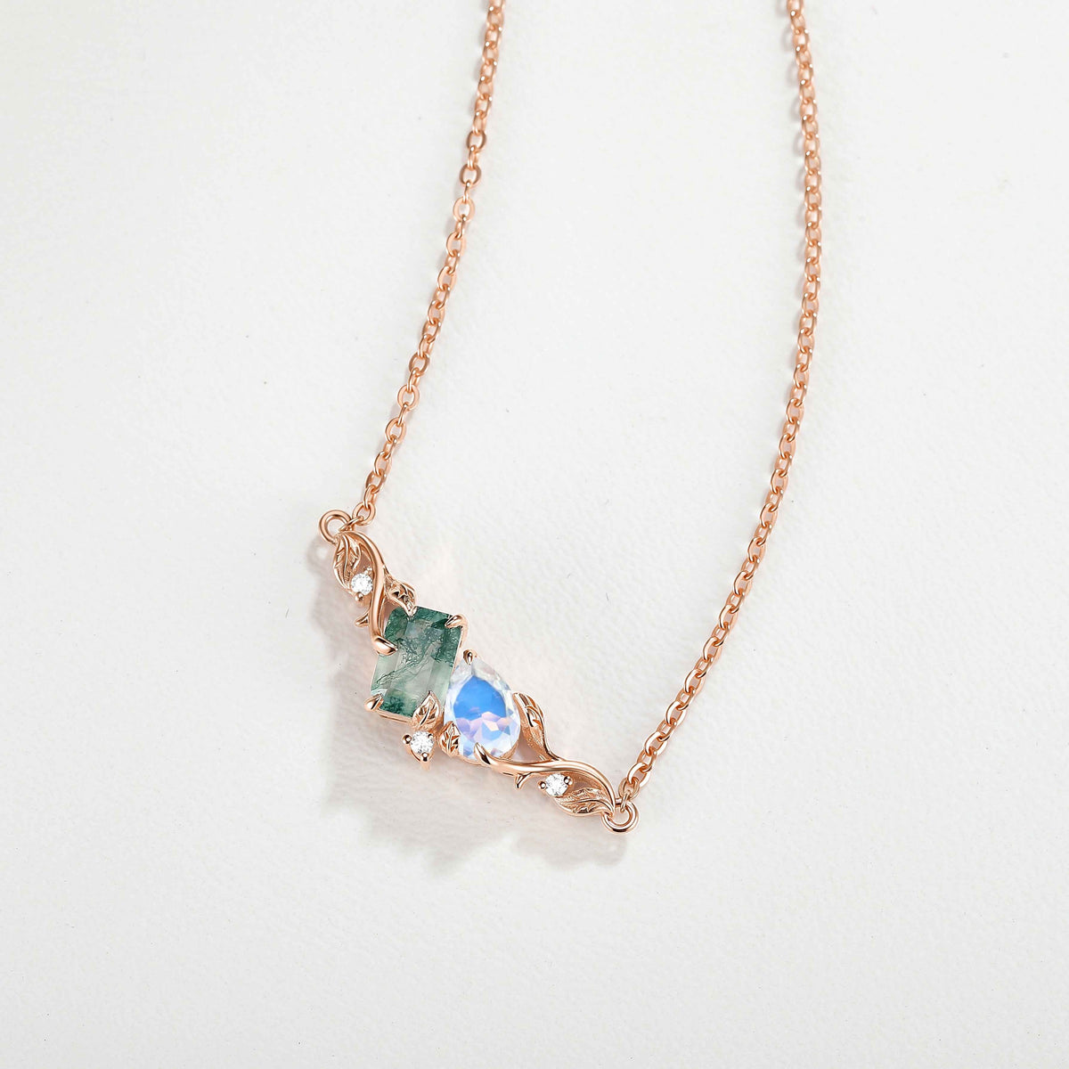 Nature-Inspired Emerald Cut Moss Agate & Pear Cut Moonstone Two-Stone Necklace