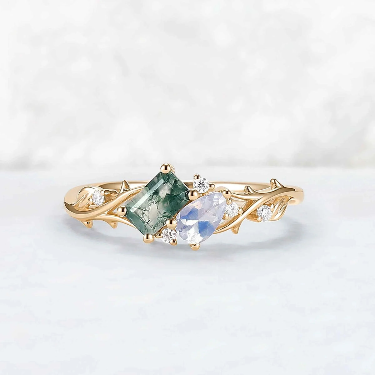 Nature-Inspired Emerald Cut Moss Agate & Pear Cut Moonstone Two-Stone Ring