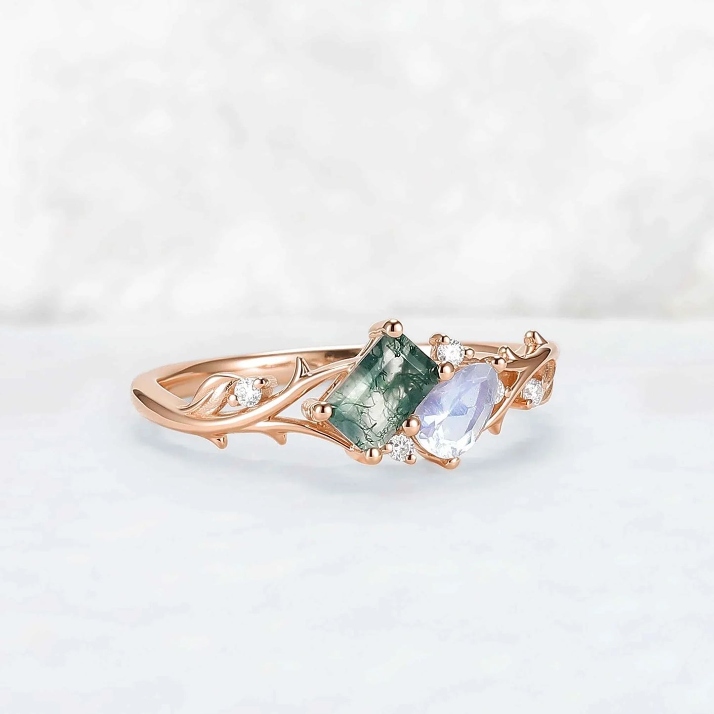 Nature-Inspired Emerald Cut Moss Agate & Pear Cut Moonstone Two-Stone Ring