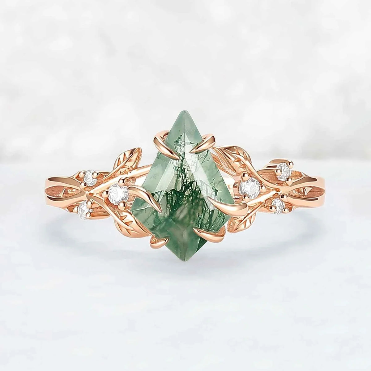 Nature-Inspired Kite-Cut Moss Agate Ring with Vine Band and Leaf Claw Design