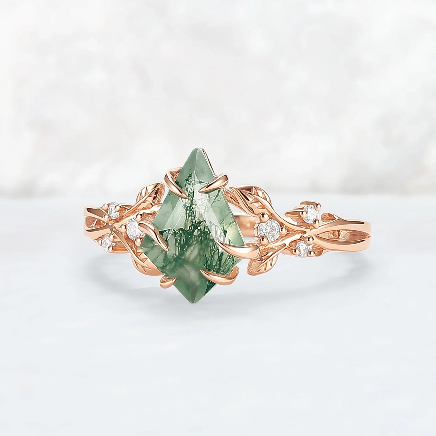 Nature-Inspired Kite-Cut Moss Agate Ring with Vine Band and Leaf Claw Design