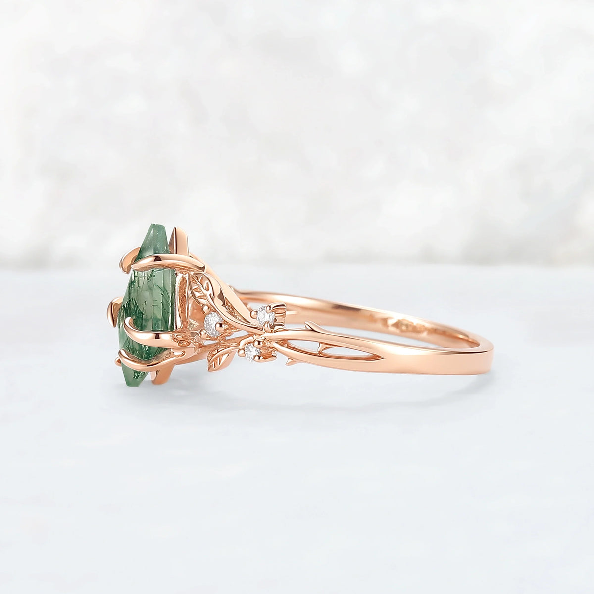 Nature-Inspired Kite-Cut Moss Agate Ring with Vine Band and Leaf Claw Design