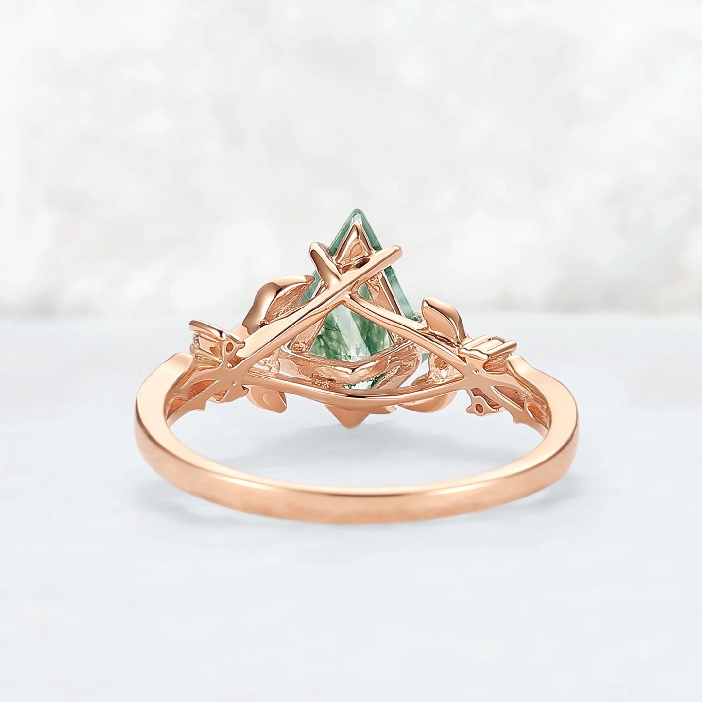 Nature-Inspired Kite-Cut Moss Agate Ring with Vine Band and Leaf Claw Design