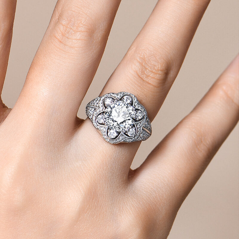 Nature-inspired Floral Halo Moissanite Pave Engagement Ring