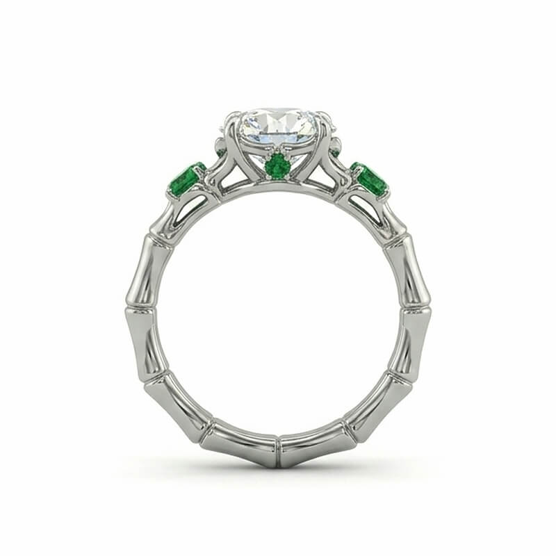 Nature Bamboo Inspired Round Moissanite with Emerald Engagement Ring