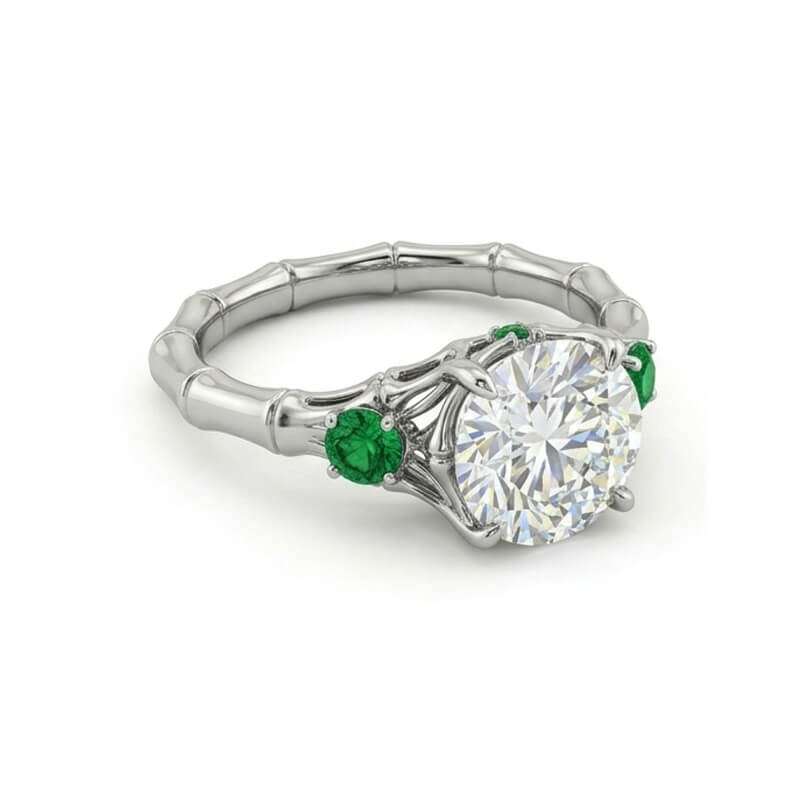 Nature Bamboo Inspired Round Moissanite with Emerald Engagement Ring