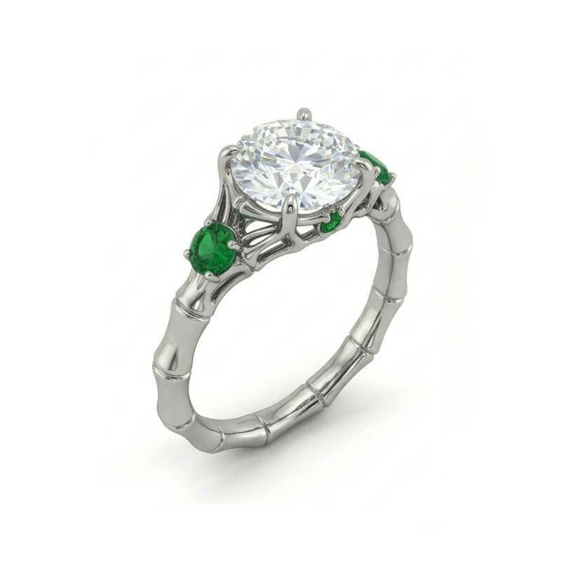 Nature Bamboo Inspired Round Moissanite with Emerald Engagement Ring