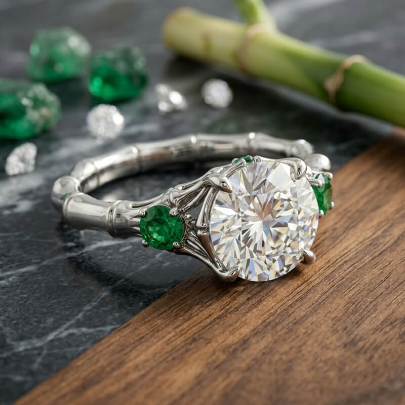 Nature Bamboo Inspired Round Moissanite with Emerald Engagement Ring