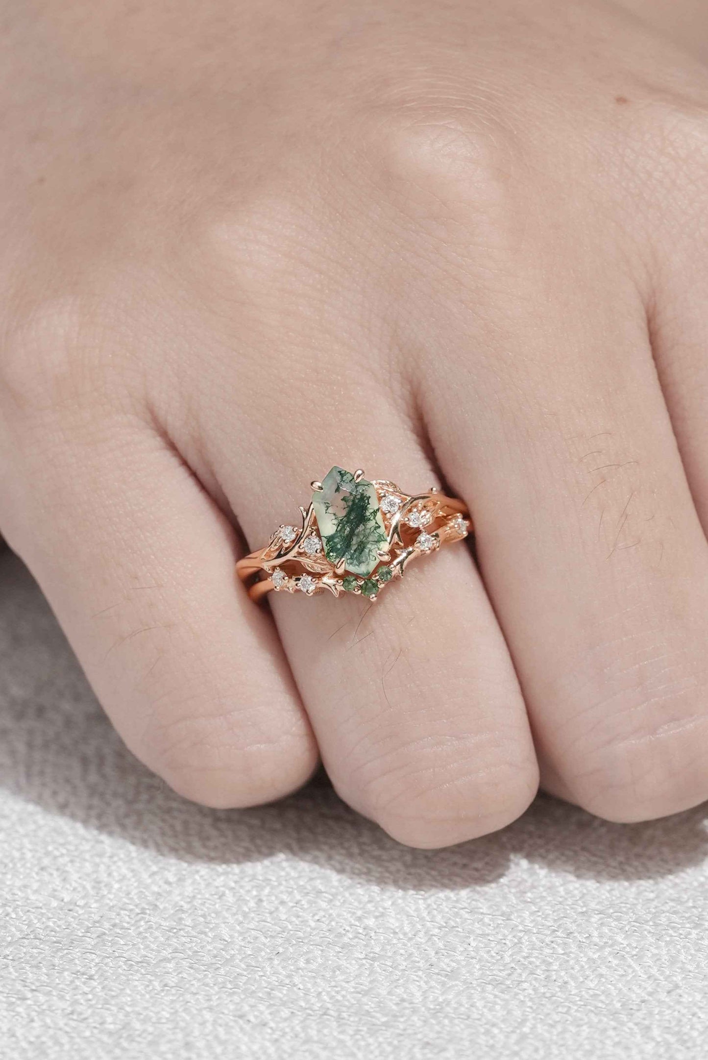 Nature Hexagon Cut Moss Agate Vine Engagement Ring