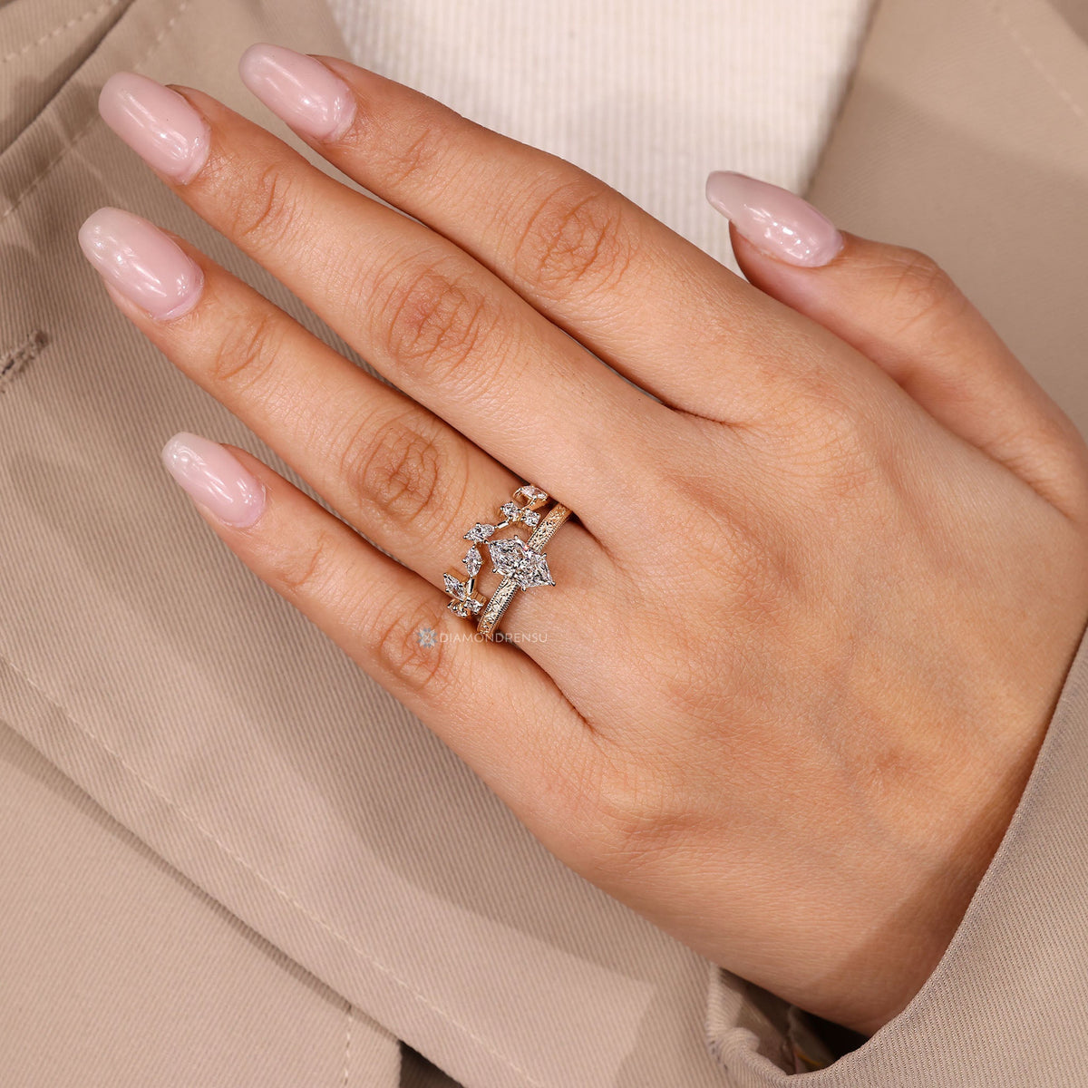 Dutch Marquise Wedding Ring in Ocean Waves Style