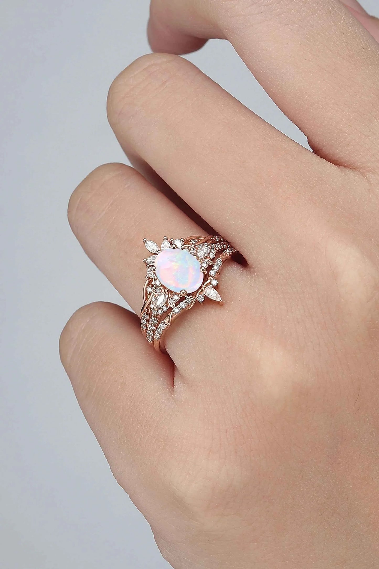 Nature Inspired Cross Oval Ring Set with Moissanite 3pcs Set - IverJewelry