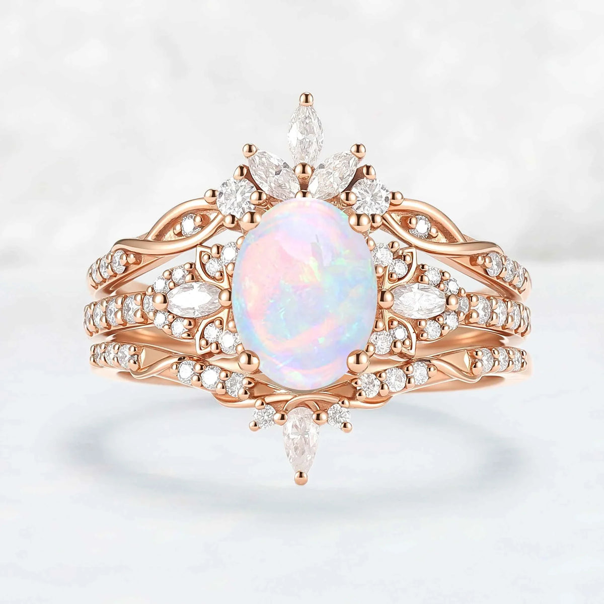 Nature Inspired Cross Oval Ring Set with Moissanite 3pcs Set - IverJewelry
