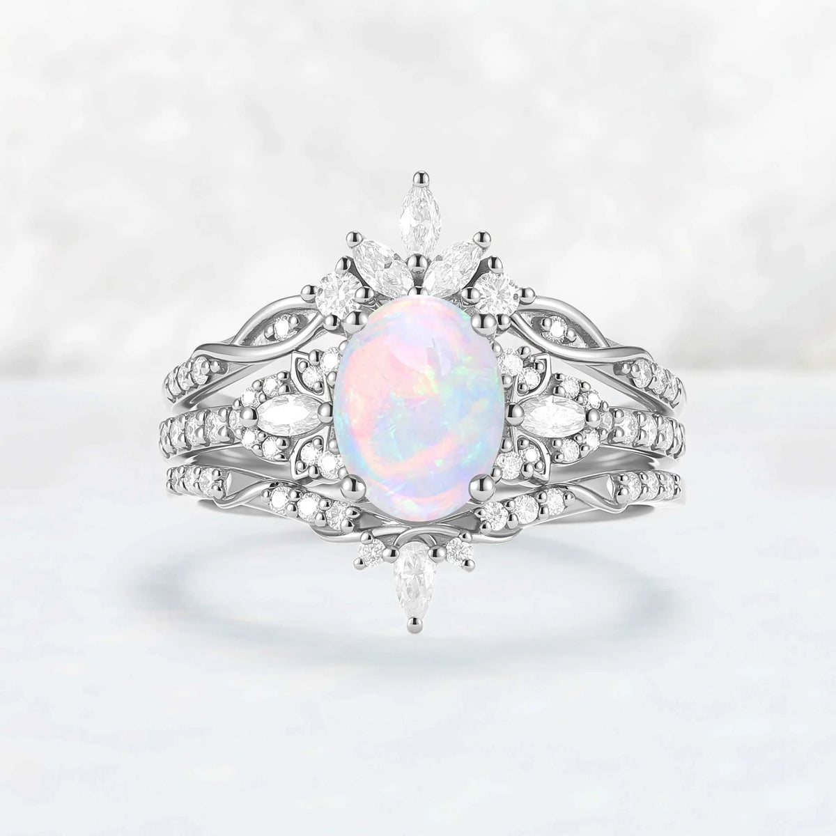 Nature Inspired Cross Oval Ring Set with Moissanite 3pcs Set - IverJewelry